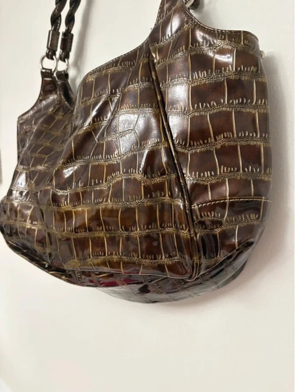 Y2K Brown Croc Embossed Patent Hobo Shoulder Bag